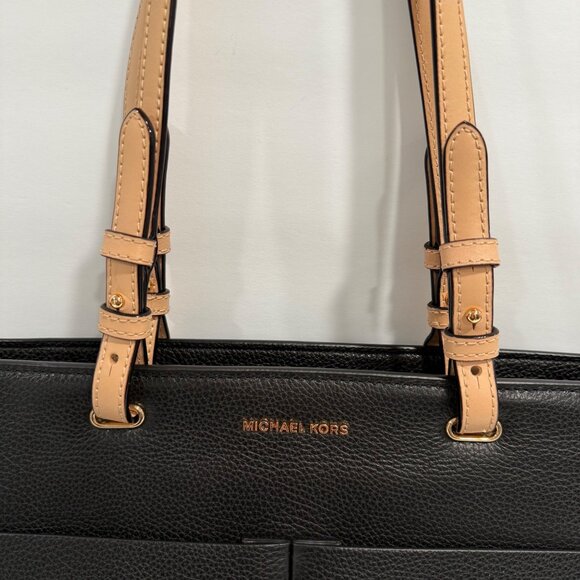 Michael Kors Bedford Medium Pebbled Leather Pocket Tote Handbag Black Tan Straps - Picture 2 of 12